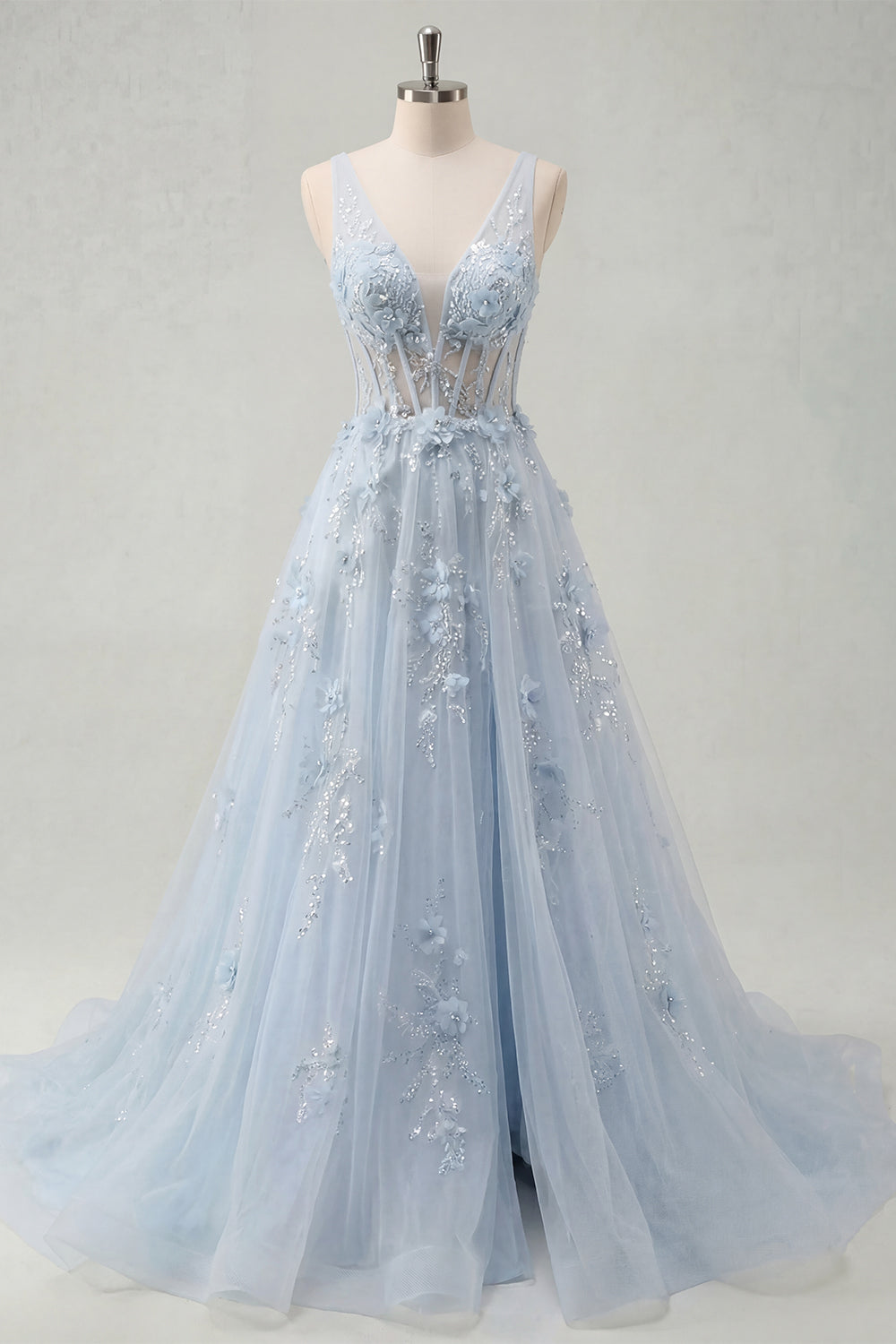 V-Neck A Line Long Sparkly Blue Corset Floral Beaded Prom Dress with Slit