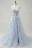 V-Neck A Line Long Sparkly Blue Corset Floral Beaded Prom Dress with Slit
