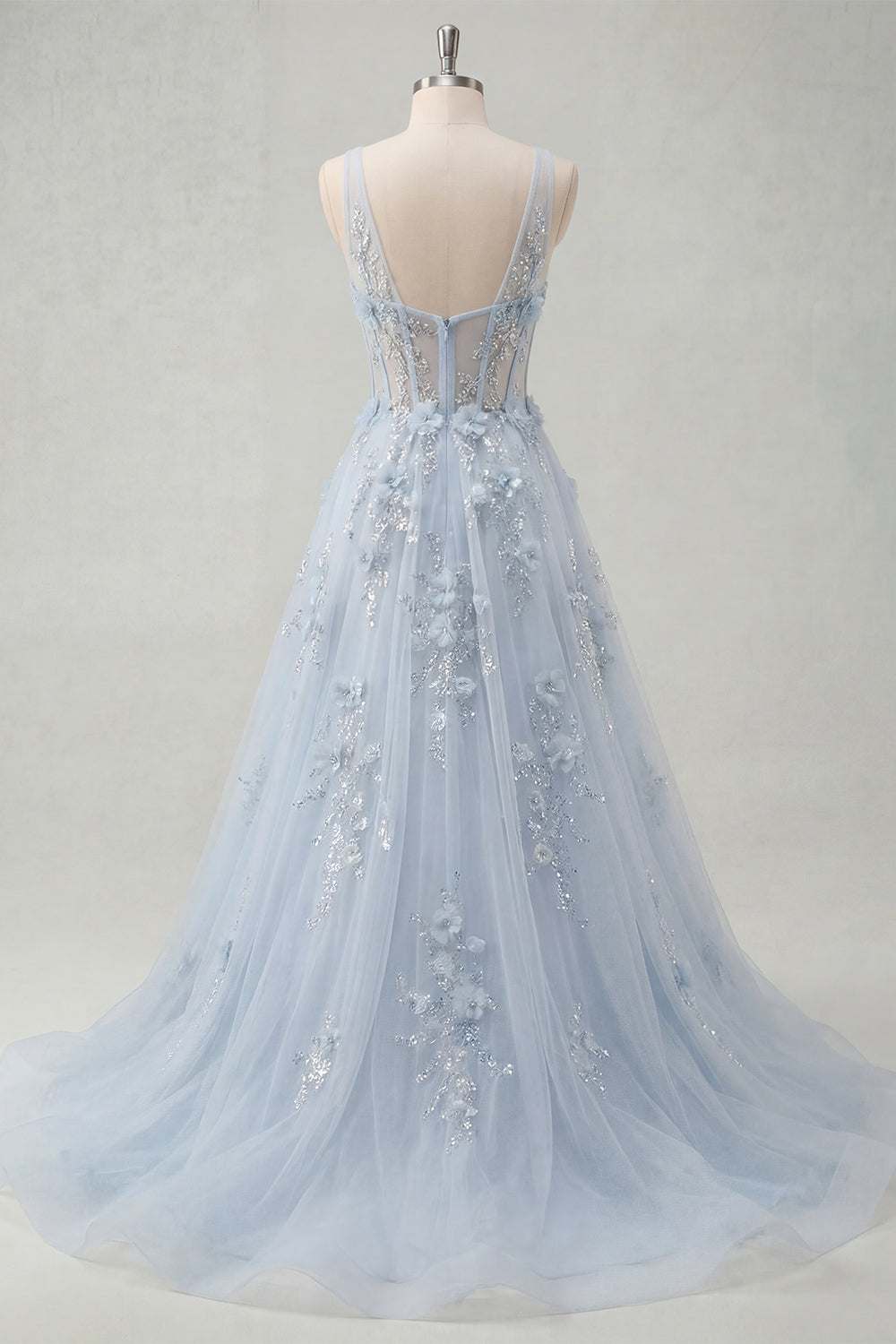 V-Neck A Line Long Sparkly Blue Corset Floral Beaded Prom Dress with Slit