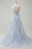 V-Neck A Line Long Sparkly Blue Corset Floral Beaded Prom Dress with Slit