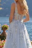 V-Neck A Line Long Sparkly Blue Corset Floral Beaded Prom Dress with Slit
