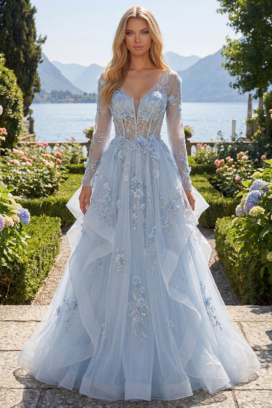 Long Sleeves Sparkly Blue Corset A Line Floral Beaded Long Prom Dress with Ruffles