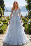 Long Sleeves Sparkly Blue Corset A Line Floral Beaded Long Prom Dress with Ruffles