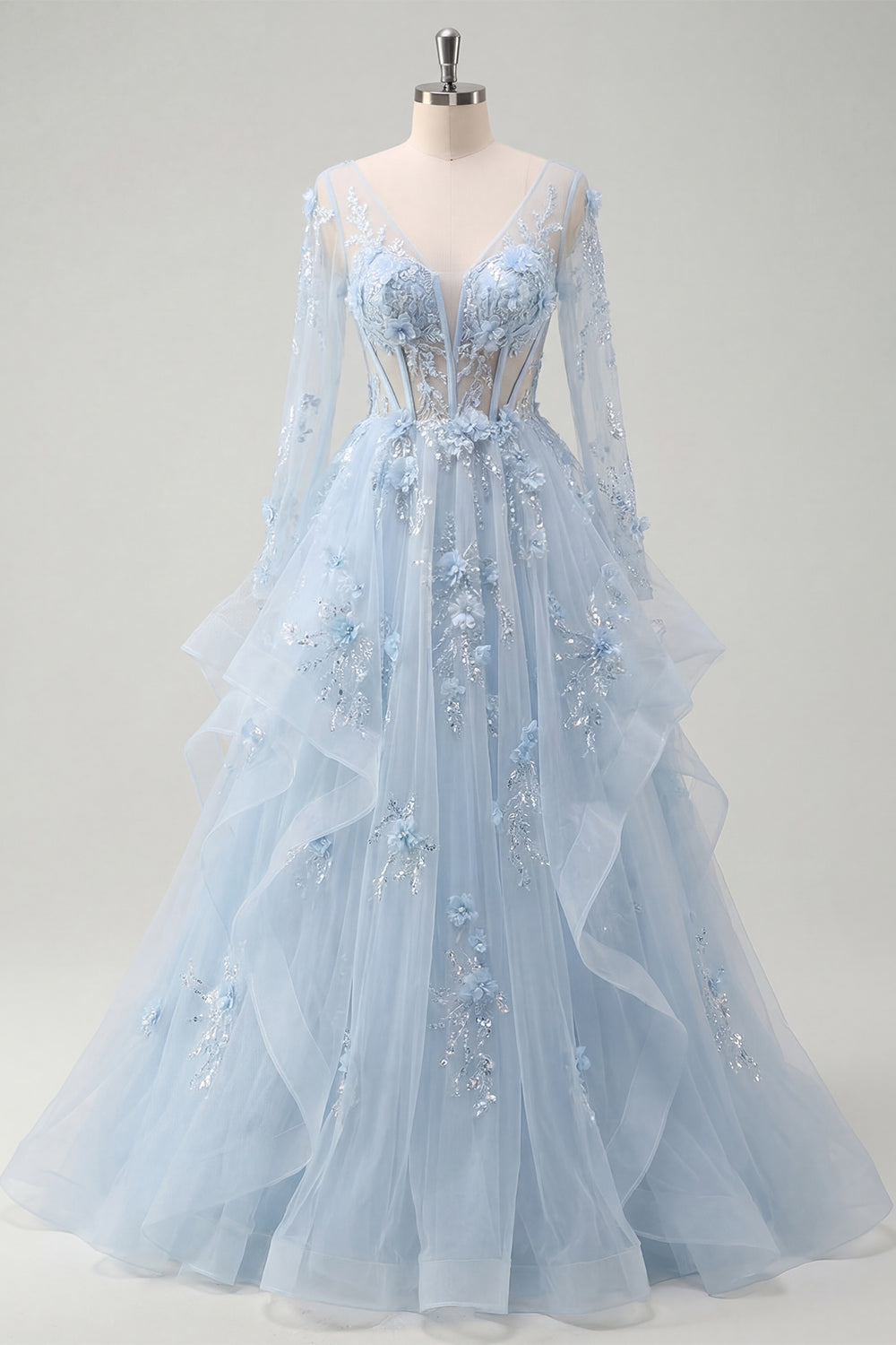 Long Sleeves Sparkly Blue Corset A Line Floral Beaded Long Prom Dress with Ruffles