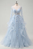 Long Sleeves Sparkly Blue Corset A Line Floral Beaded Long Prom Dress with Ruffles