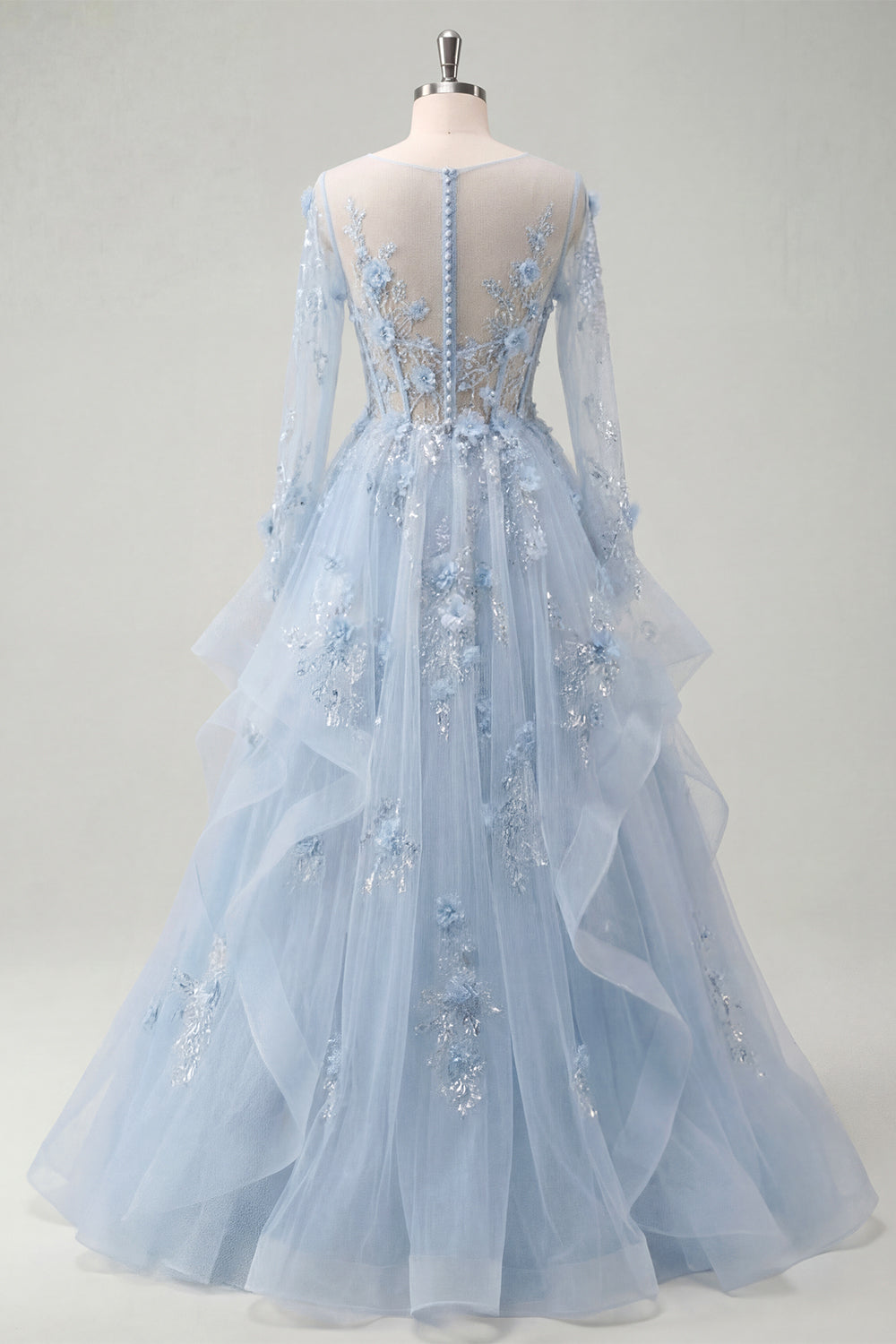 Long Sleeves Sparkly Blue Corset A Line Floral Beaded Long Prom Dress with Ruffles