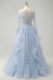Long Sleeves Sparkly Blue Corset A Line Floral Beaded Long Prom Dress with Ruffles