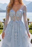 Long Sleeves Sparkly Blue Corset A Line Floral Beaded Long Prom Dress with Ruffles