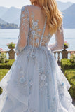 Long Sleeves Sparkly Blue Corset A Line Floral Beaded Long Prom Dress with Ruffles
