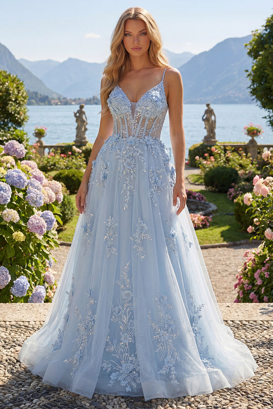 Spaghetti Straps Sparkly Blue Corset A Line Long Floral Beaded Prom Dress
