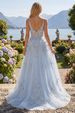 Spaghetti Straps Sparkly Blue Corset A Line Long Floral Beaded Prom Dress