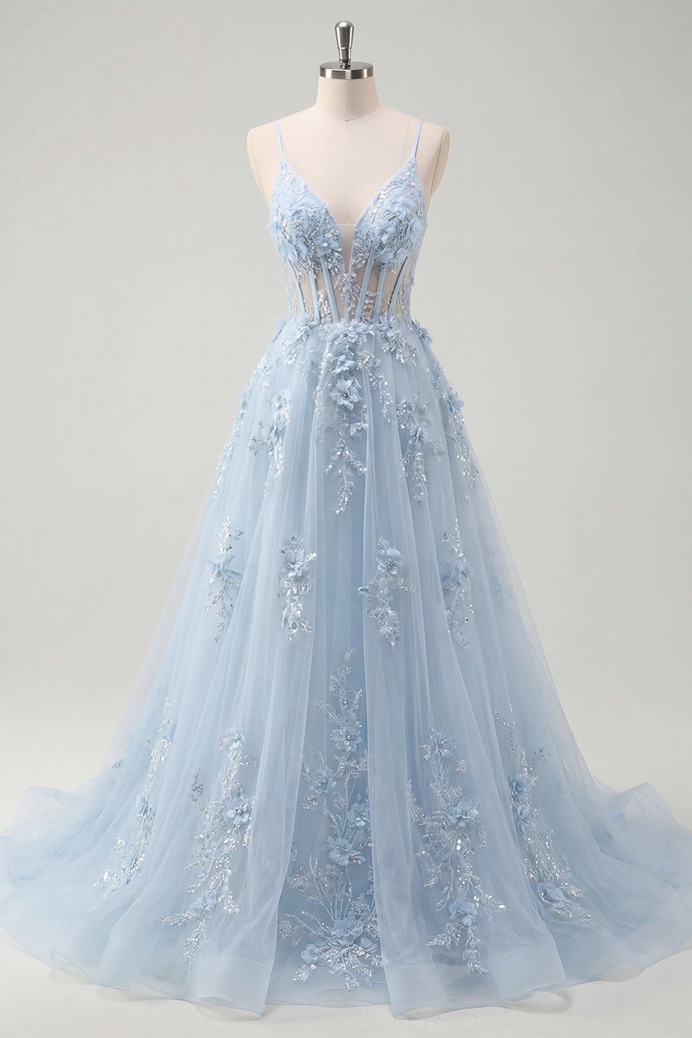 Spaghetti Straps Sparkly Blue Corset A Line Long Floral Beaded Prom Dress
