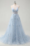 Spaghetti Straps Sparkly Blue Corset A Line Long Floral Beaded Prom Dress