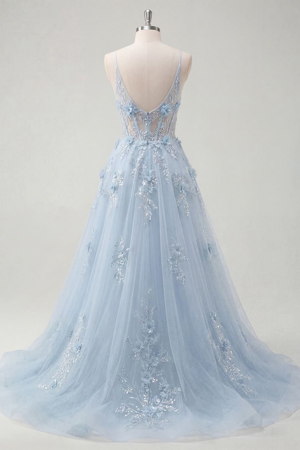 Spaghetti Straps Sparkly Blue Corset A Line Long Floral Beaded Prom Dress