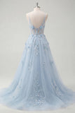 Spaghetti Straps Sparkly Blue Corset A Line Long Floral Beaded Prom Dress