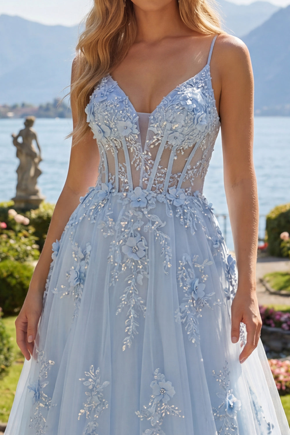 Spaghetti Straps Sparkly Blue Corset A Line Long Floral Beaded Prom Dress