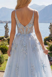 Spaghetti Straps Sparkly Blue Corset A Line Long Floral Beaded Prom Dress