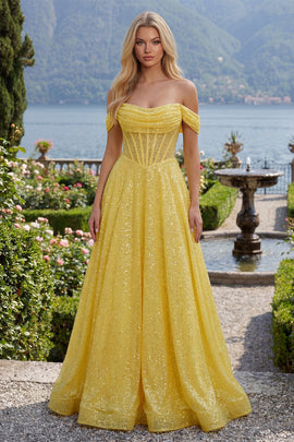 Yellow Glitter Off the Shoulder Corset A Line Long Prom Dress