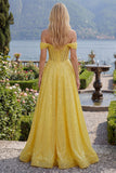 Yellow Glitter Off the Shoulder Corset A Line Long Prom Dress