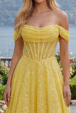 Yellow Glitter Off the Shoulder Corset A Line Long Prom Dress