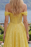 Yellow Glitter Off the Shoulder Corset A Line Long Prom Dress