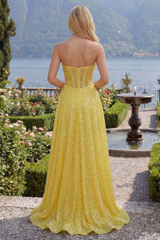 Yellow Glitter Corset A Line Long Prom Dress with Slit