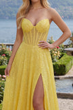 Yellow Glitter Corset A Line Long Prom Dress with Slit