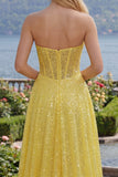 Yellow Glitter Corset A Line Long Prom Dress with Slit