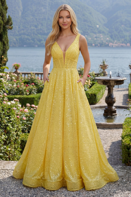 V-Neck Yellow Glitter Corset A Line Long Prom Dress with Pockets