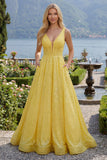 V-Neck Yellow Glitter Corset A Line Long Prom Dress with Pockets