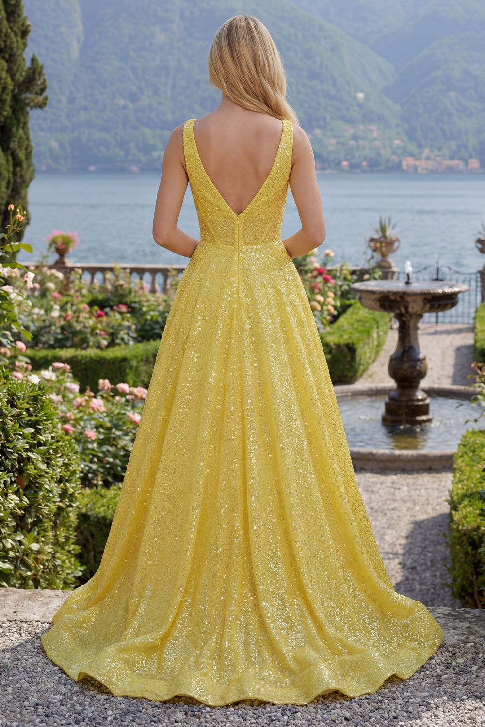 V-Neck Yellow Glitter Corset A Line Long Prom Dress with Pockets
