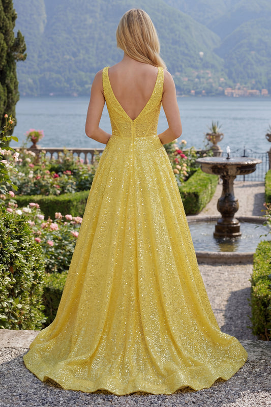 V-Neck Yellow Glitter Corset A Line Long Prom Dress with Pockets