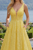 V-Neck Yellow Glitter Corset A Line Long Prom Dress with Pockets