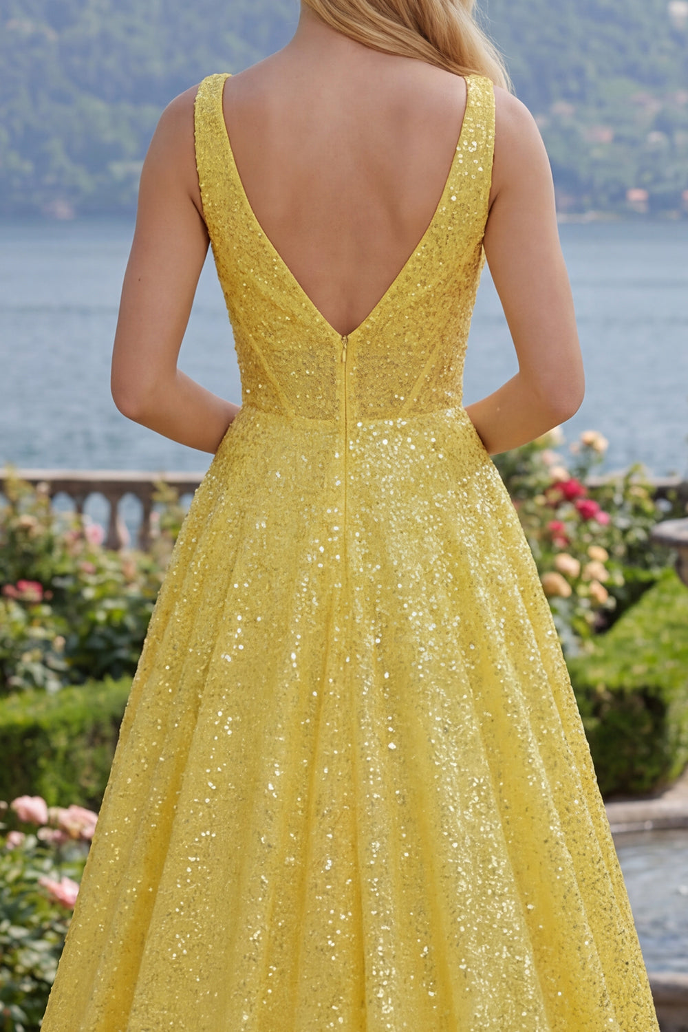 V-Neck Yellow Glitter Corset A Line Long Prom Dress with Pockets
