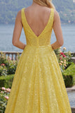 V-Neck Yellow Glitter Corset A Line Long Prom Dress with Pockets