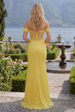 Mermaid Off the Shoulder Corset Yellow Glitter Long Prom Dress with Slit