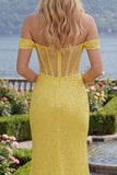 Mermaid Off the Shoulder Corset Yellow Glitter Long Prom Dress with Slit