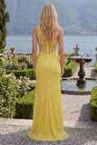 Ruched Mermaid One Shoulder Corset Yellow Glitter Long Prom Dress with Slit