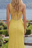 Ruched Mermaid One Shoulder Corset Yellow Glitter Long Prom Dress with Slit