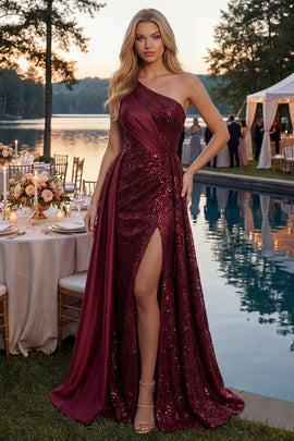 Sparkly Burgundy One Shoulder A Line Long Sequin Prom Dress with Cape