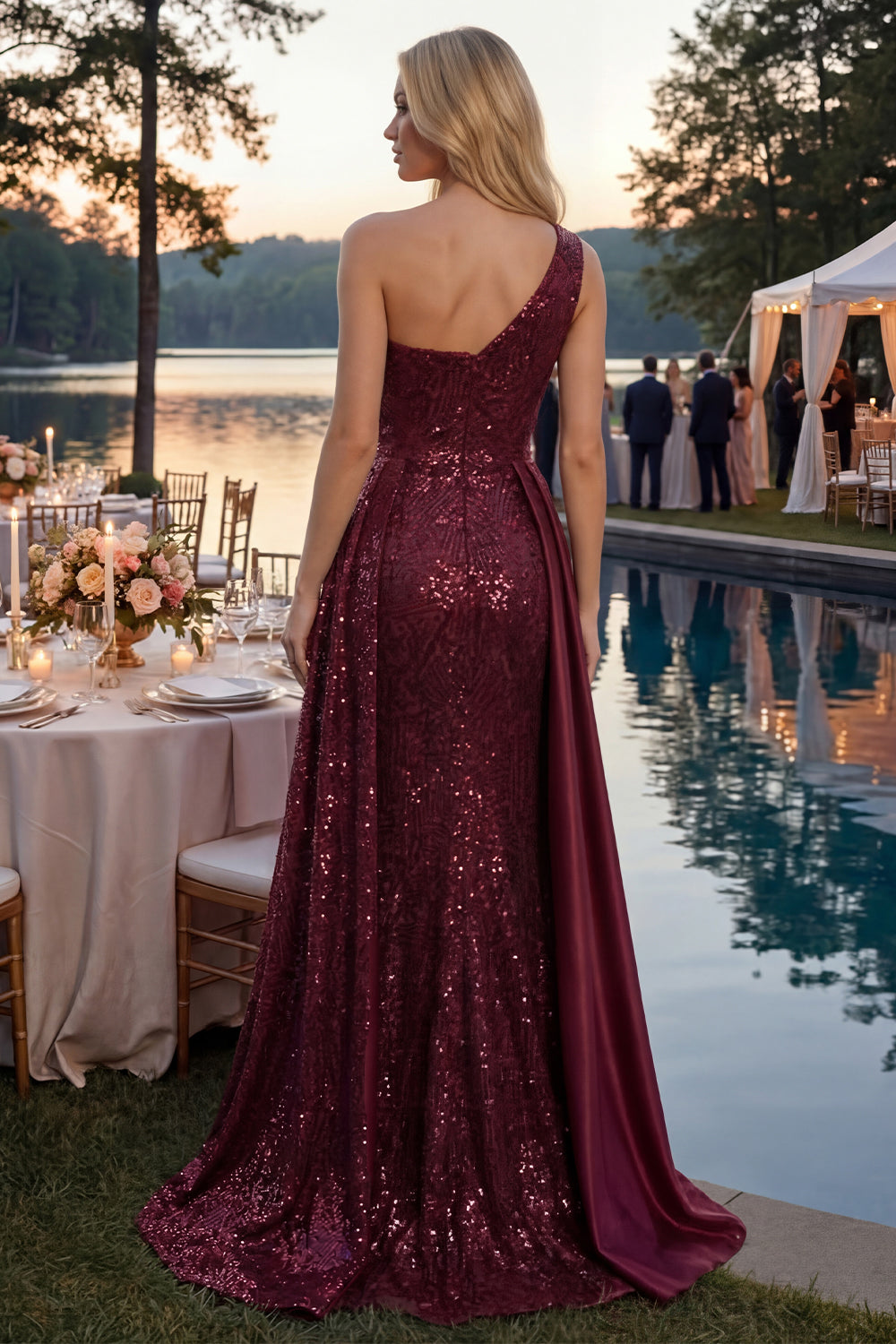 Sparkly Burgundy One Shoulder A Line Long Sequin Prom Dress with Cape