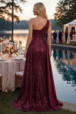Sparkly Burgundy One Shoulder A Line Long Sequin Prom Dress with Cape