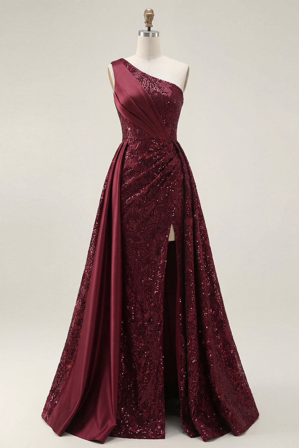 Sparkly Burgundy One Shoulder A Line Long Sequin Prom Dress with Cape