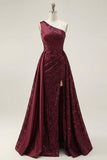 Sparkly Burgundy One Shoulder A Line Long Sequin Prom Dress with Cape