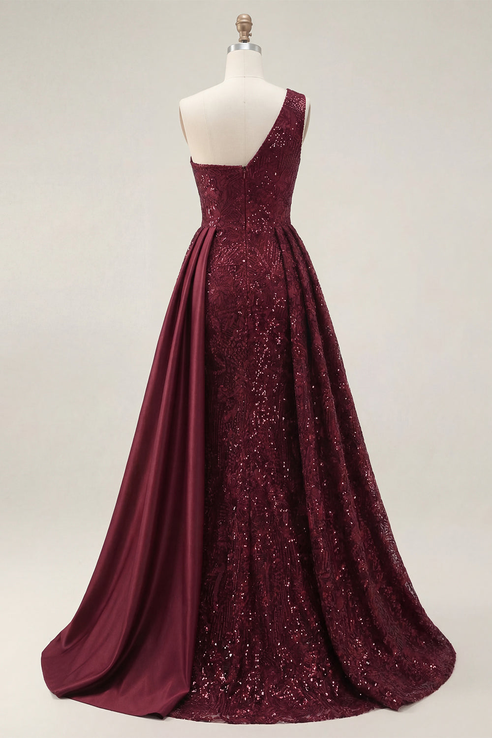 Sparkly Burgundy One Shoulder A Line Long Sequin Prom Dress with Cape