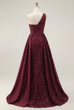 Sparkly Burgundy One Shoulder A Line Long Sequin Prom Dress with Cape