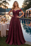 A Line Off the Shoulder Sparkly Burgundy Long Sequin Prom Dress with Cape