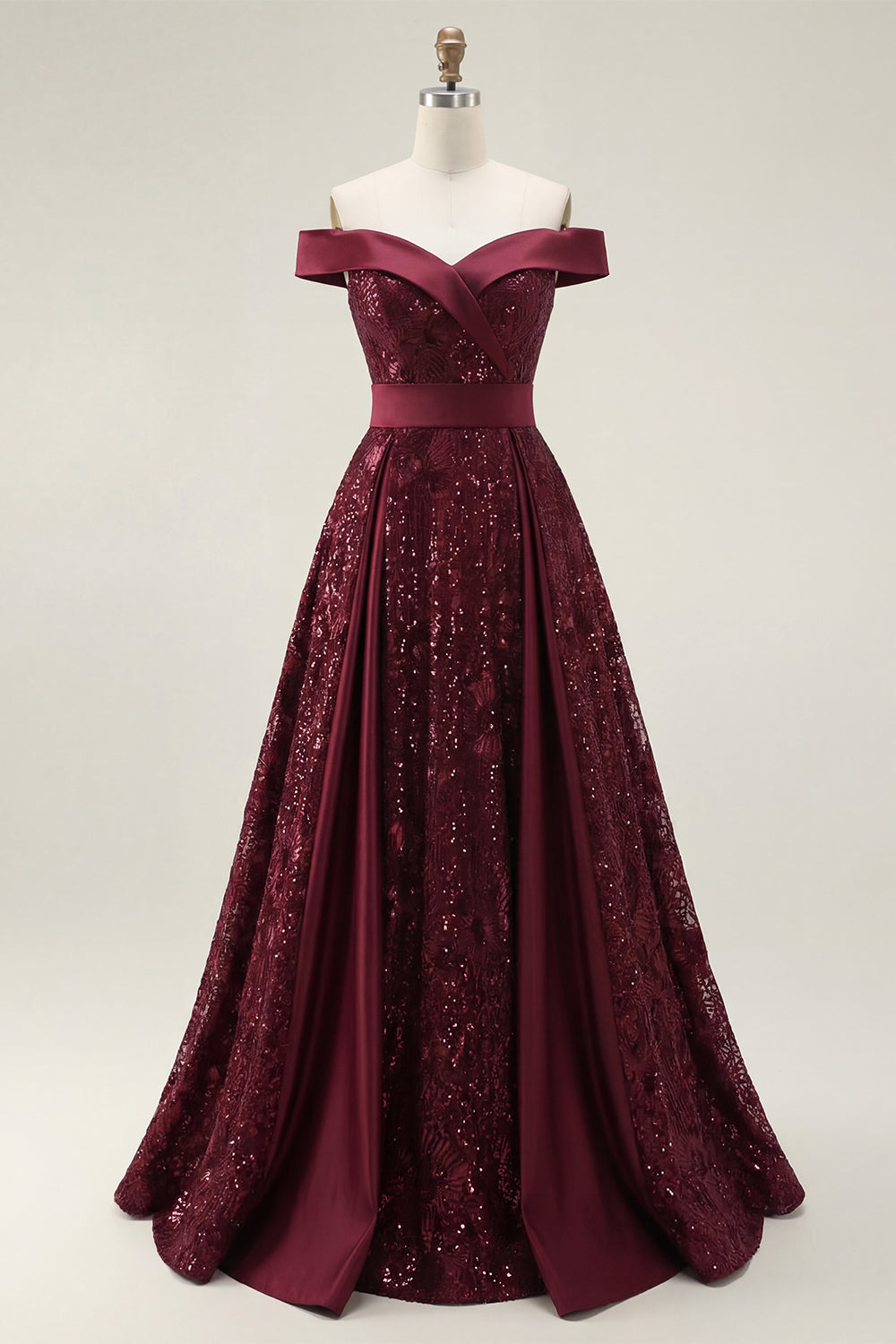A Line Off the Shoulder Sparkly Burgundy Long Sequin Prom Dress with Cape