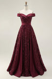 A Line Off the Shoulder Sparkly Burgundy Long Sequin Prom Dress with Cape
