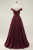 A Line Off the Shoulder Sparkly Burgundy Long Sequin Prom Dress with Cape